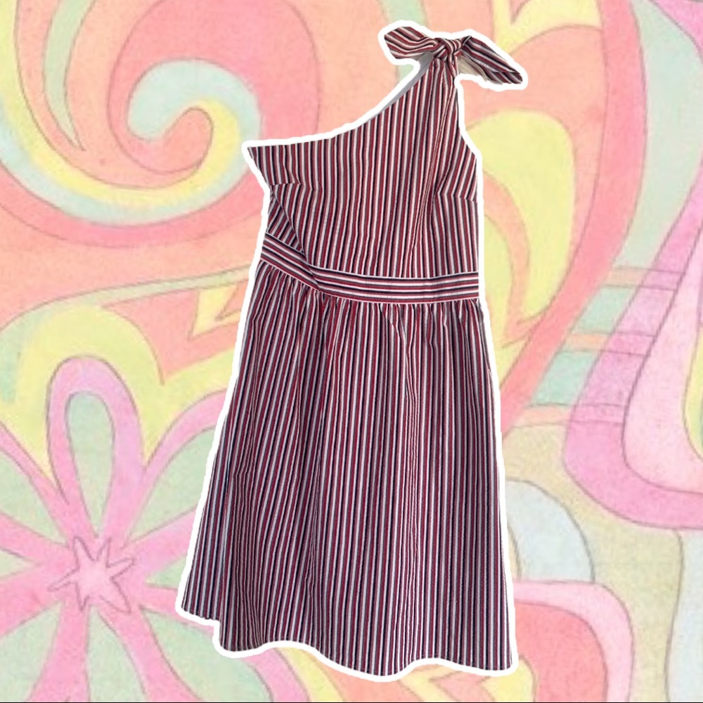 Red, White, & Blue Seersucker One Shoulder A-Line Dress